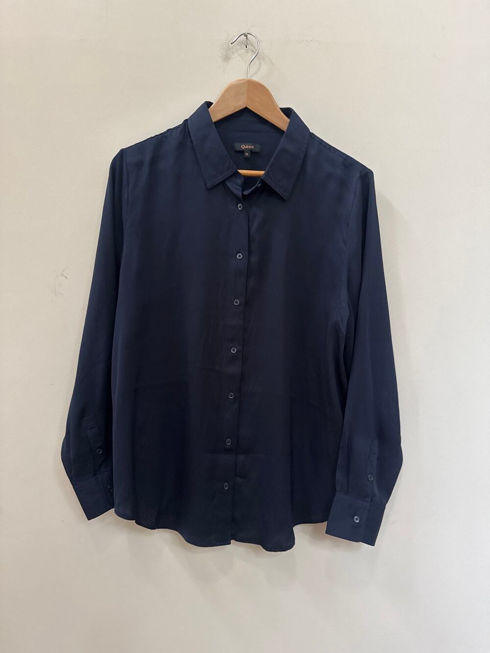 Quince Women's Washable Silk Stretch Button-Up Shirt Navy Blue XL Classic